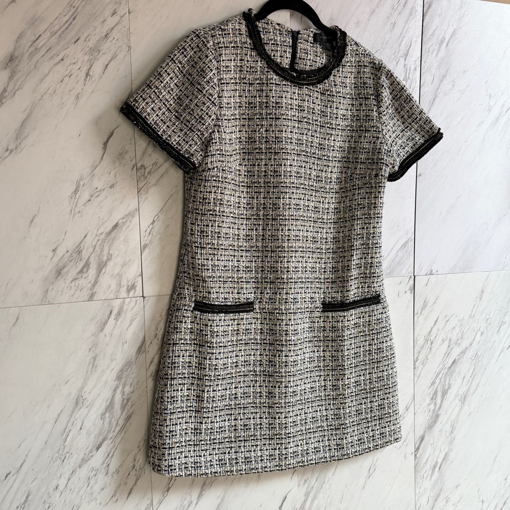 Tahari Tweed Textured Black White Short Sleeve Pockets Shift Mini Dress SZ M - Picture 3 of 6
